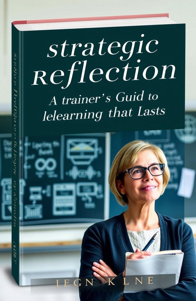 A high-quality book cover design for 'Strategic Reflection: A Trainer’s Guide to Learning that Lasts', featuring a thoughtful trainer in a serene classroom environment