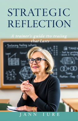 A high-quality book cover design for 'Strategic Reflection: A Trainer’s Guide to Learning that Lasts', featuring a thoughtful trainer in a serene classroom environment