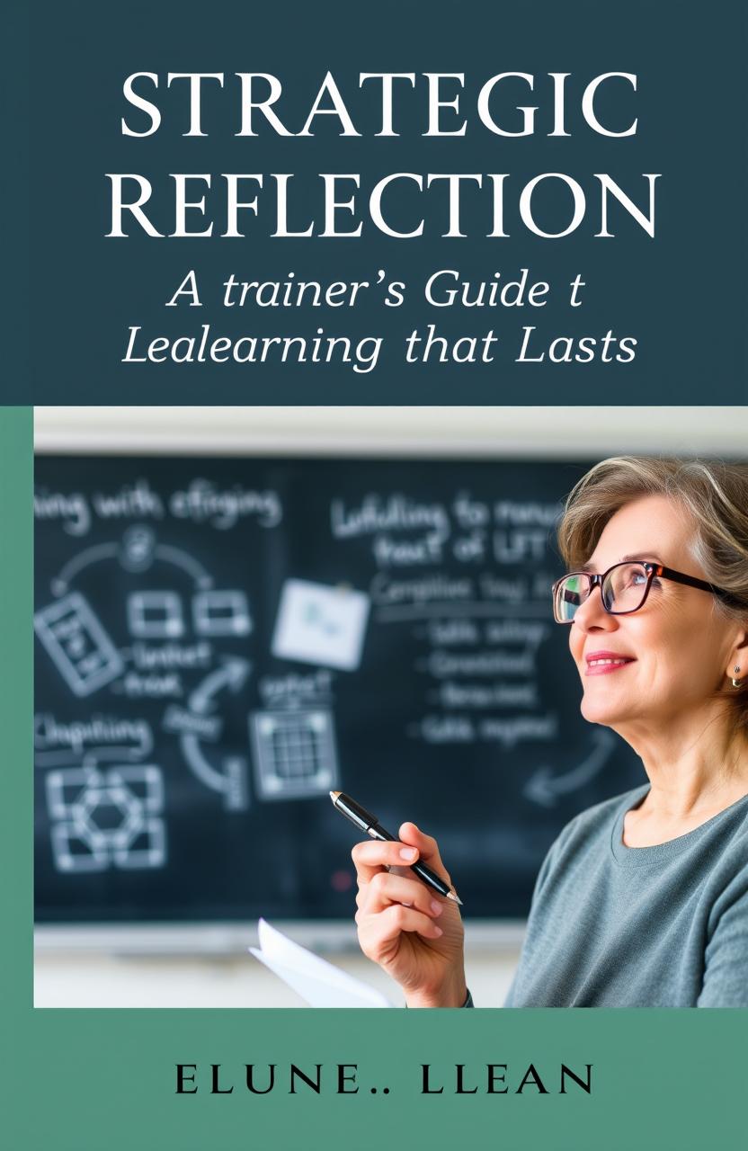 A high-quality book cover design for 'Strategic Reflection: A Trainer’s Guide to Learning that Lasts', featuring a thoughtful trainer in a serene classroom environment