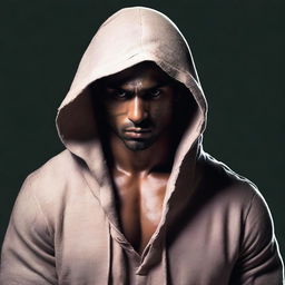 Alter the man's hoodie to appear torn and rugged, enhancing the presence of the bandaged, muscular Indian man set against a dark backdrop