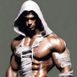 Alter the man's hoodie to appear torn and rugged, enhancing the presence of the bandaged, muscular Indian man set against a dark backdrop