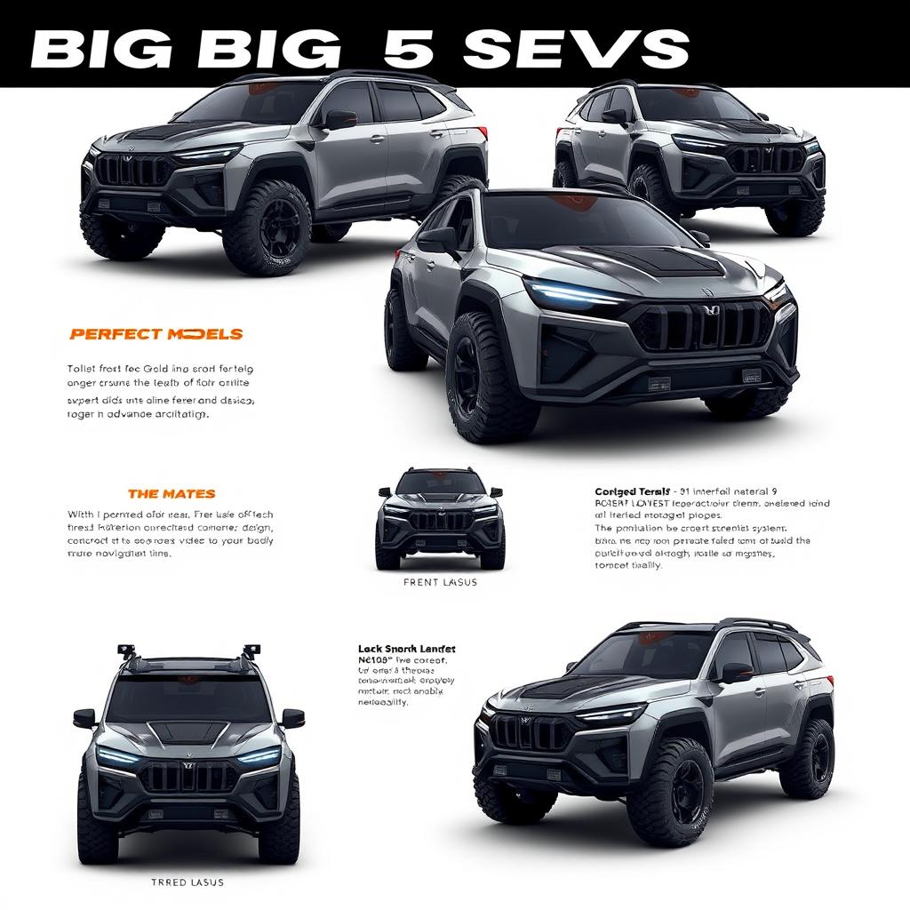 A concept design for a Big SUV that is fierce, intimidating, and aggressive, showcasing various perfected models