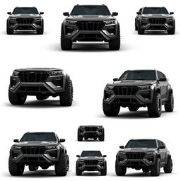 A concept design for a Big SUV that is fierce, intimidating, and aggressive, showcasing various perfected models