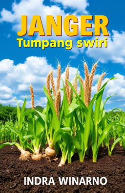 A visually appealing cover design featuring a lush, vibrant landscape of ginger (jahe) and corn (jagung) plants cleverly arranged in a companion planting (tumpang sari) style