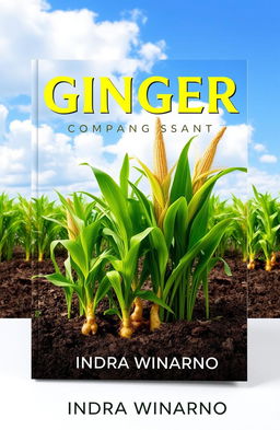 A visually appealing cover design featuring a lush, vibrant landscape of ginger (jahe) and corn (jagung) plants cleverly arranged in a companion planting (tumpang sari) style