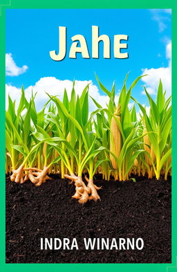 A visually appealing cover design featuring a lush, vibrant landscape of ginger (jahe) and corn (jagung) plants cleverly arranged in a companion planting (tumpang sari) style