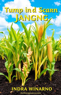 A visually appealing cover design featuring a lush, vibrant landscape of ginger (jahe) and corn (jagung) plants cleverly arranged in a companion planting (tumpang sari) style