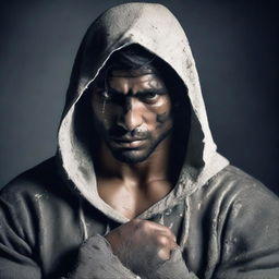 Emphasize the bandages wrapped around the face of the muscular Indian man, dressed in a torn, rugged hoodie against a dark setting