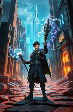A dynamic scene depicting an unlikely hero standing at the intersection of ancient ruins and futuristic technology