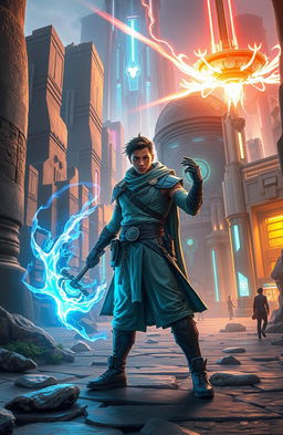 A dynamic scene depicting an unlikely hero standing at the intersection of ancient ruins and futuristic technology