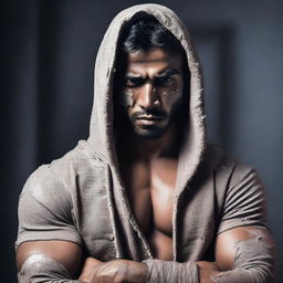 Emphasize the bandages wrapped around the face of the muscular Indian man, dressed in a torn, rugged hoodie against a dark setting