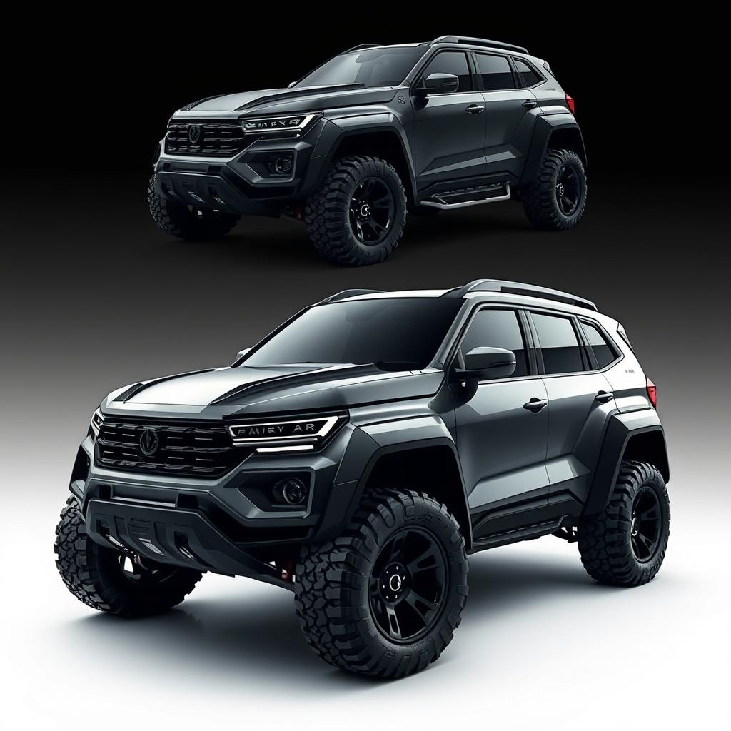 A striking concept design for a Big SUV that embodies aggression, fierceness, and a rugged aesthetic, showcasing various perfected models