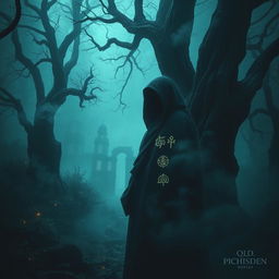 A captivating scene filled with an air of mystery and intrigue, featuring a cloaked figure standing in a dimly lit, ancient forest