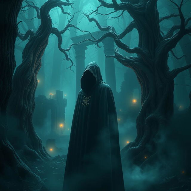 A captivating scene filled with an air of mystery and intrigue, featuring a cloaked figure standing in a dimly lit, ancient forest