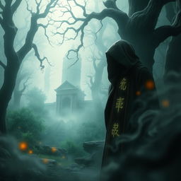 A captivating scene filled with an air of mystery and intrigue, featuring a cloaked figure standing in a dimly lit, ancient forest