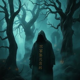 A captivating scene filled with an air of mystery and intrigue, featuring a cloaked figure standing in a dimly lit, ancient forest