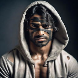 Emphasize the bandages wrapped around the face of the muscular Indian man, dressed in a torn, rugged hoodie against a dark setting