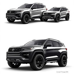 A concept design for a Compact Big SUV that is fierce, rugged, and aggressive, showcasing various perfected models