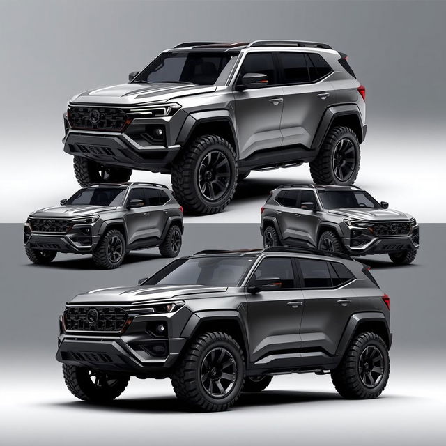 A concept design for a Compact Big SUV that is fierce, rugged, and aggressive, showcasing various perfected models