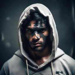 Make certain to highlight the bandages wrapped around the face of the muscular Indian man, dressed in a torn, rugged hoodie amidst a dark setting