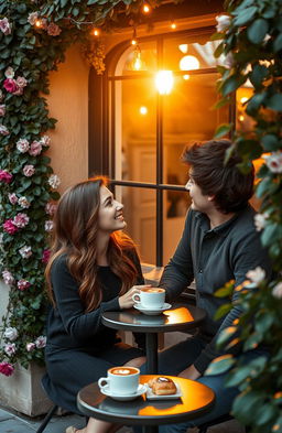 A romantic scene set in a quaint European café during sunset