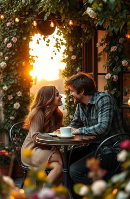 A romantic scene set in a quaint European café during sunset