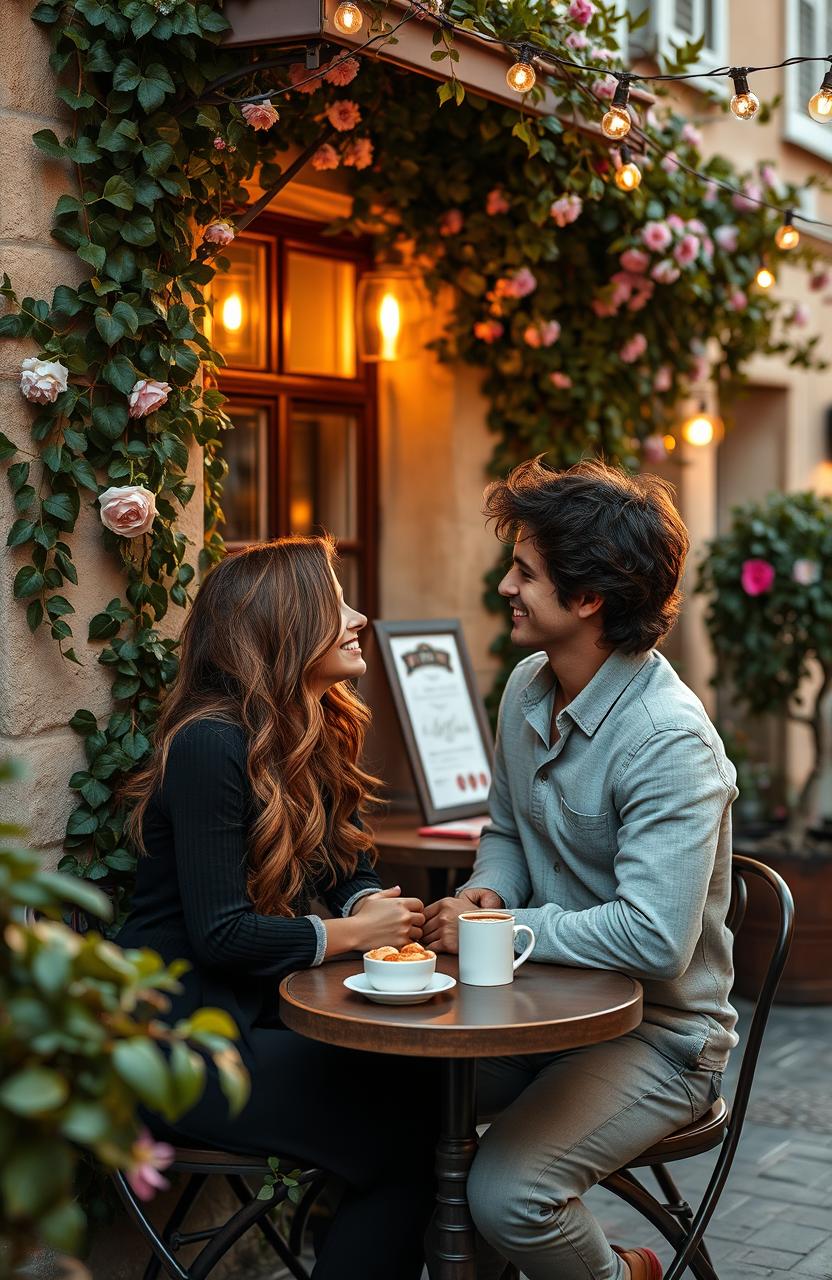 A romantic scene set in a quaint European café during sunset