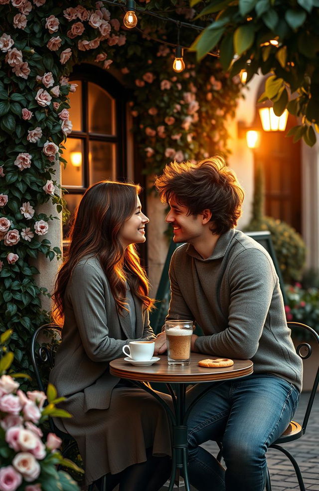 A romantic scene set in a quaint European café during sunset