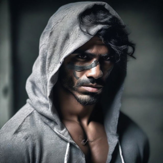 Make certain to highlight the bandages wrapped around the face of the muscular Indian man, dressed in a torn, rugged hoodie amidst a dark setting