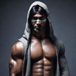 Make certain to highlight the bandages wrapped around the face of the muscular Indian man, dressed in a torn, rugged hoodie amidst a dark setting