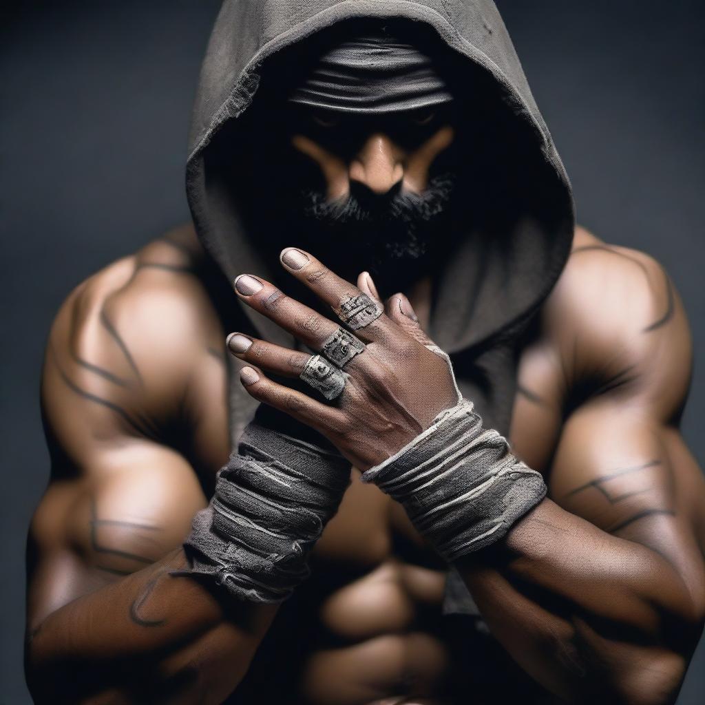 Add a variety of rings adorning the fingers of the bandaged, muscular Indian man in a torn hoodie set against a dark environment