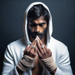 Add a variety of rings adorning the fingers of the bandaged, muscular Indian man in a torn hoodie set against a dark environment