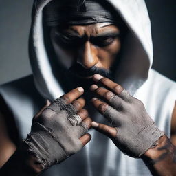 Add a variety of rings adorning the fingers of the bandaged, muscular Indian man in a torn hoodie set against a dark environment