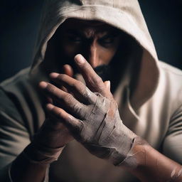 Add a variety of rings adorning the fingers of the bandaged, muscular Indian man in a torn hoodie set against a dark environment