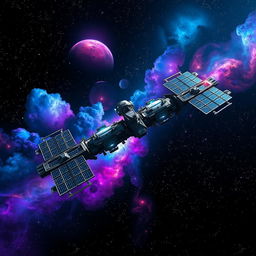A detailed view of outer space showcasing a large, futuristic space station prominently in the foreground, surrounded by vibrant colors such as vivid blues, purples, and pinks against a deep black background