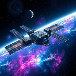 A detailed view of outer space showcasing a large, futuristic space station prominently in the foreground, surrounded by vibrant colors such as vivid blues, purples, and pinks against a deep black background