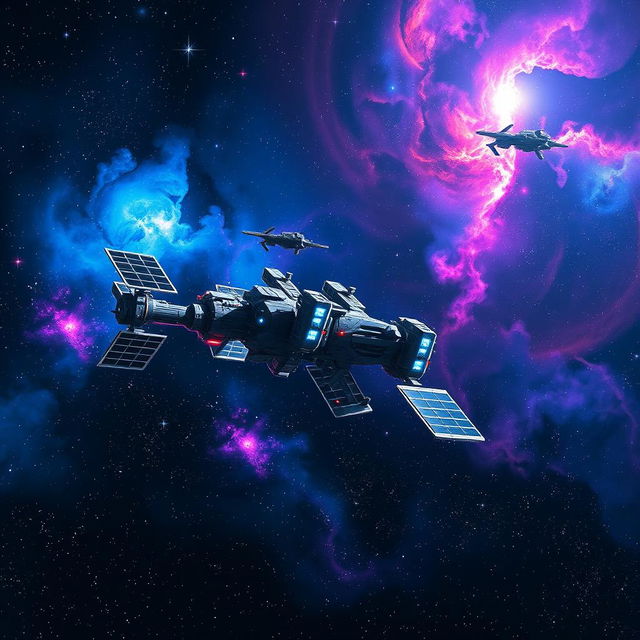 A detailed view of outer space showcasing a large, futuristic space station prominently in the foreground, surrounded by vibrant colors such as vivid blues, purples, and pinks against a deep black background