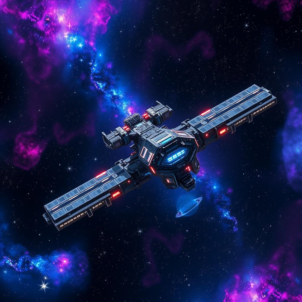 A detailed view of outer space showcasing a large, futuristic space station prominently in the foreground, surrounded by vibrant colors such as vivid blues, purples, and pinks against a deep black background