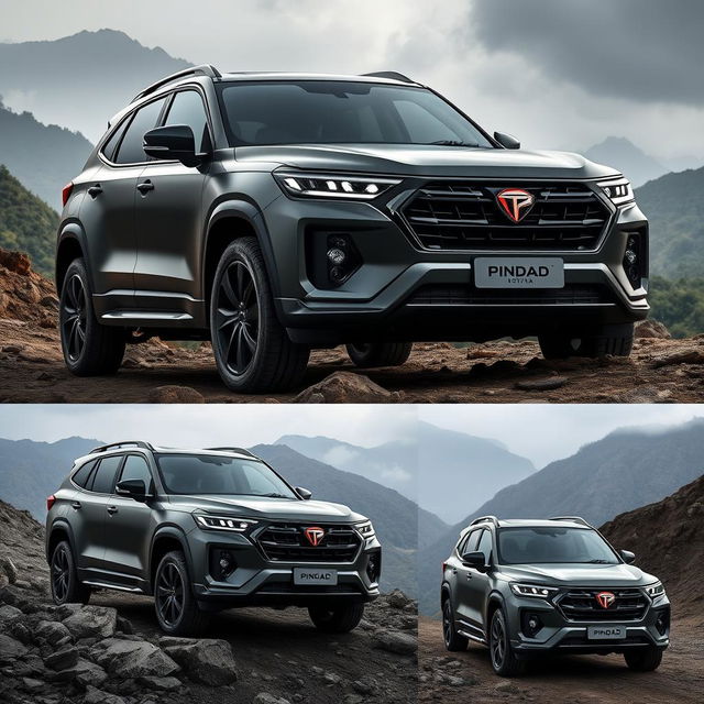 Design a big SUV with the Pindad logo, showcasing characteristics of compactness, toughness, fierceness, and aggression