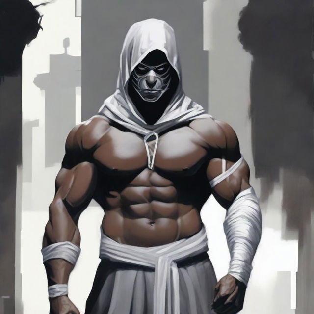 Alter the color scheme to feature a dark grey hoodie and stark white bandages, accentuating the presence of the muscled, ring-adorned Indian man against the dark setting