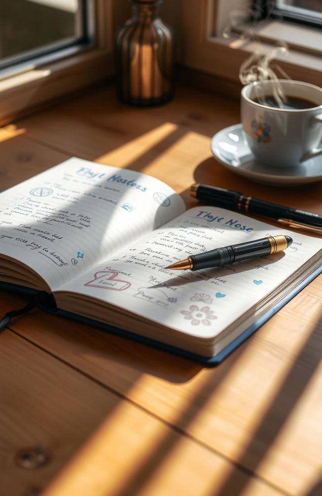 A beautifully designed school notebook open on a wooden desk, with neatly written notes in blue and black ink