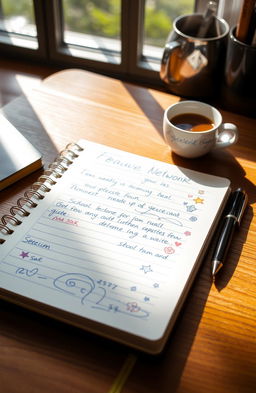 A beautifully designed school notebook open on a wooden desk, with neatly written notes in blue and black ink