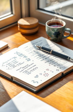 A beautifully designed school notebook open on a wooden desk, with neatly written notes in blue and black ink