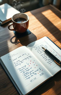 A beautifully designed school notebook open on a wooden desk, with neatly written notes in blue and black ink