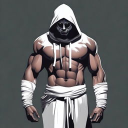 Alter the color scheme to feature a dark grey hoodie and stark white bandages, accentuating the presence of the muscled, ring-adorned Indian man against the dark setting