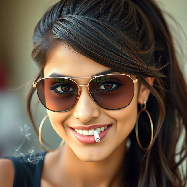 A beautiful 21-year-old Indian woman with long, flowing hair styled in a ponytail, featuring a smiling face and strikingly beautiful eyes