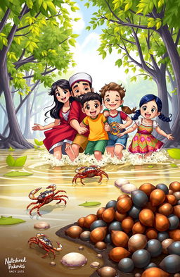 A vibrant poster depicting a lively scene in mangrove swamps, featuring four characters: Na’e, a bla'an girl with long black hair wearing traditional attire, Abdul, a Muslim boy with a joyful expression in casual clothes, Jose, a playful boy with short hair and a bright t-shirt, and Maria, a cheerful girl with braided hair wearing a colorful dress