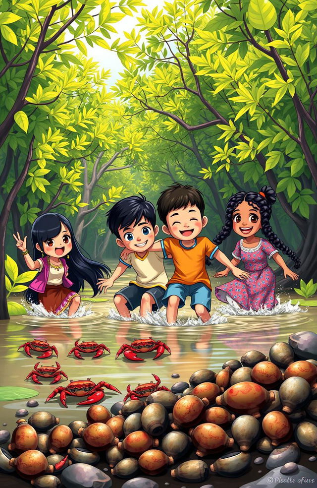 A vibrant poster depicting a lively scene in mangrove swamps, featuring four characters: Na’e, a bla'an girl with long black hair wearing traditional attire, Abdul, a Muslim boy with a joyful expression in casual clothes, Jose, a playful boy with short hair and a bright t-shirt, and Maria, a cheerful girl with braided hair wearing a colorful dress