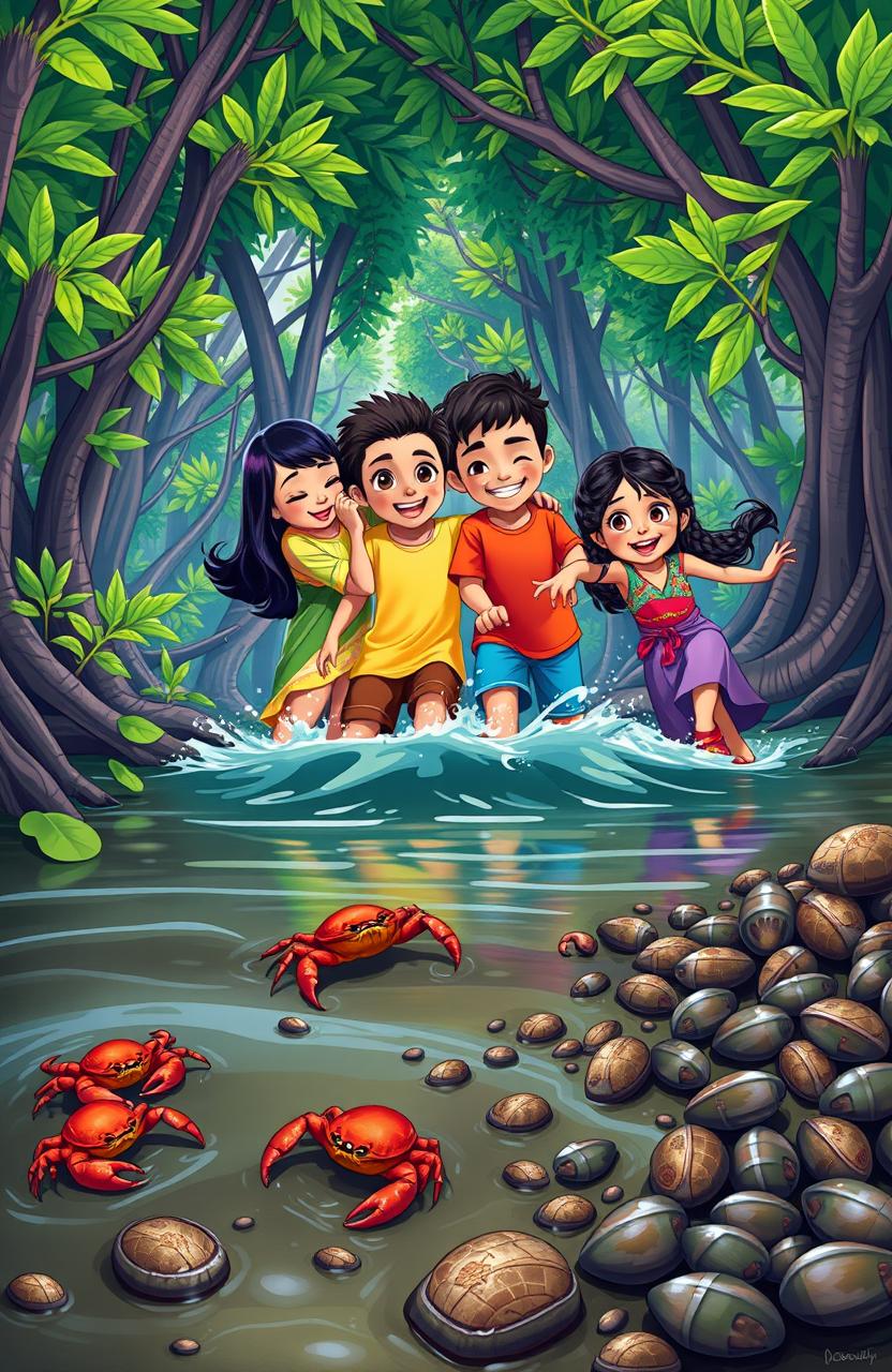 A vibrant poster depicting a lively scene in mangrove swamps, featuring four characters: Na’e, a bla'an girl with long black hair wearing traditional attire, Abdul, a Muslim boy with a joyful expression in casual clothes, Jose, a playful boy with short hair and a bright t-shirt, and Maria, a cheerful girl with braided hair wearing a colorful dress