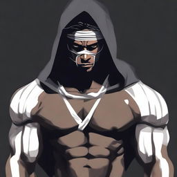 Alter the color scheme to feature a dark grey hoodie and stark white bandages, accentuating the presence of the muscled, ring-adorned Indian man against the dark setting